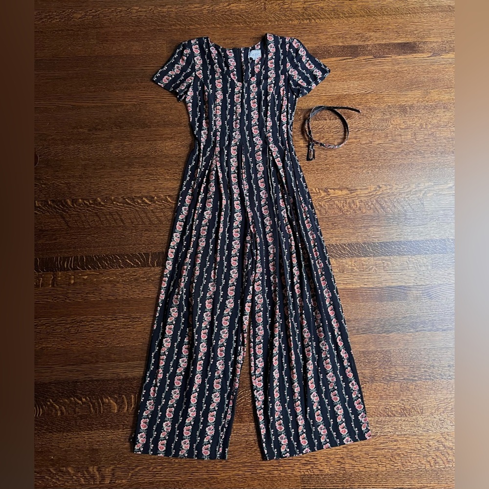 Daisy Stripe Jumpsuit, Vintage 80s 90s Floral Ditsy Pattern Belted Romper